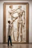 Placeholder: Mother holds her son , cubism a tall slender woman is standing in front of a large white picture frame displayed on the wall of an art gallery. The frame is traditional in style but looks like and has the texture of white clay. Her arms are outstretched like da vinci’s vetruvian man, and the length of her arms and body corresponds to the width of the picture frame. Her feet are perched on a surreal small shadow rock and it looks like she is floating above calm water. The picture is without canva