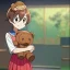 Placeholder: Clear focus, High resolution, a anime kid, cute, cartoony style, smiling, anime screencap, hair between eyes, holding a brown teddy bear, small forhead, female