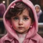 Placeholder: Painting of a little girl with big hazel eyes and short brown hair with a pink jacket and heart earrings, 2 years old, adorable eyes, cute face, oil pastel, oil pastel painting, oil painting, painting style, light colors