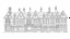 Placeholder: A highly detailed front elevation line drawing of a row of fantasy houses, with tall chimneys, rooms and floors added to sides and roofs, like Harry Potter's Diagon Alley, inspired by Moebius