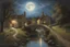 Placeholder: A Cotswold village, a brook, a bridge, Full moon, beautiful celestial sky, Milky Way, hyper-detailed art by Ivan Kramskoi. elegant intricate oil on canvas beautiful high detail award winning fantastic view crisp quality hdr