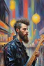 Placeholder: Joseph Stella oil painting a dreaming young beard colored punk guy looks guitars in the pop '80s Mall lights during rainy day oil painting