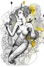 Placeholder: Ink drawing graphics venus excitante figures , line drawing, white background, negative space, splashes of soft colours hiperdetailed