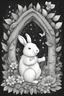 Placeholder: outline art with pencil sketch art for { A cuddly bunny sleeping in a fairy house built from leaves and flowers, fireflies flitting through the starry twilight. }with floral background pencil sketch style,full body only use outline with black and white outline and make a floral backgound with black and white background