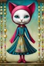 Placeholder: the Cat with a Pearl Earring, Nicoletta Ceccoli, ink drawing, colourful, triadic colours, award winning, crisp quality, simple comic style, sharp focus