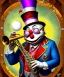 Placeholder: mechanoid old friendly fat clown with trimmed beard playing jazz with a steampunk theme, trumpet, realistic