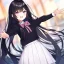 Placeholder: Clear focus,High resolution, Black long fluffy hair, and purple eyes, Teen, Sassy, black shirt, white collar pink bow, white short skirt, cute, smile, hands out, reaching out to you