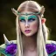 Placeholder: beautiful elven ranger queen with purple armor, delicate cyan braided hair, green glass eyes, white flowing dress, highly detailed, 8k, ambient light, taylor swift