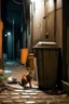 Placeholder: Street lamp in a dark alley in the background a garbage container by a dirty wall , stray cat is eating on the floor