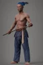 Placeholder: A young male water genasi with deep blue skin color, water shape dred hair on head. Shaolin monk with long stick weapon, kung fu master, martial art