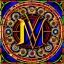 Placeholder: round coaster of letter M with stained glass window effect, highly detailed, intricate, warm colors, stained glass window, glossy from rain, warm lighting, dramatic lighting