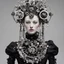 Placeholder: creates a human figure dressed in a structured black garment, including prominent shoulder pads. Instead of a human head, the figure is holding a complex mechanical object. This object appears to be a combination of gears, wheels and other mechanical parts. The mechanical object is adorned with white pearls hanging around it, resembling a necklace or ornament. The background of the image is light grey, which puts the main focus on the figure and the mechanical object. Overall, the image has dark