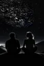 Placeholder: Black background on a mountaintop. Two silhouettes are sitting close to each other a fit human man and a fit human woman, looking at the stars.