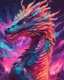 Placeholder: Close up shot, Dragon in a vibrant synthwave dreamscape, neon chaos swirling energetically around pixelated forms, a dynamic fusion of retro gaming nostalgia and futuristic abstraction