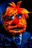 Placeholder: a Film Photograph of an angry orange Donald Trump Muppet made of felt and fur wearing a dark blue suit and red tie, lips made of foam