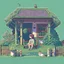 Placeholder: A studio ghibli house with garden, well, fence, girl sitting on a chair, pixelart