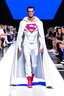 Placeholder: Superman on a fashion runway like Balenciaga Style street wear white tones