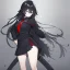 Placeholder: Clear focus, High resolution, long black fluffy hair, blue eyes, wearing a black sailor uniform, red tie, yandere, rough line sketch, dark aura, holding a katana, hair between eyes, 1girl, standing in grey sand