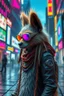 Placeholder: cyberpunk weasel rasta man with cute fur, in big cyberpunk city