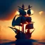 Placeholder: Pirate ship sailing, silhouette, duck, world in bloom, dusk, orange blue, vivid color, realistic, octane render