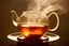 Placeholder: macrophoto taken FROM an inside perspective WITHIN a teapot, just above the surface of the steaming hot tea, volumetric light