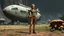 Placeholder: A skinny 50-year-old woman standing, hands on hips, in brown shorts, shirt, and boots, standing next to a squat cargo spaceship, sitting in a clearing, in a derelict alien town with mushrooms and fungi.