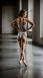 Placeholder: beautiful anorexic woman, dancing ballett, total shot, short silver triathlon swimsuit, short brunette wavy bob hair, blurred concrete background