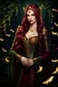 Placeholder: Burgundy hair, dark hair,dark red , rapunzel hair,very long hair,dark fairy princess,elven crown,night,dragonflies,beautiful,ong ashes,golden armor ,sparkle,night blooming,ivy,dark green,lilly of valley,golden elven crown,elven warrior,dark gold armor,extremely long hair