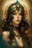 Placeholder: Portrait of Egyptian goddess in turban and long black hair, heavy makeup and loads of jewellery painted by brush in style of Alfons Mucha