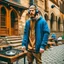 Placeholder: short beard man with cap, DJ play records ,at medieval city street background, full body