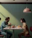 Placeholder: Realistic scene, man and woman sitting in cafeteria and having breakfast levitating, Wes Anderson, soft color, highly detailed, unreal engine 5, ray tracing, RTX, lumen lighting, ultra detail, volumetric lighting, 3d, finely drawn, high definition, high resolution.