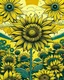 Placeholder: giant sunflower, with beautiful bees flying around, in shephard fairey style graphic, urrounded by golden leaves, sharp detailed graphic, garden background with blue sky and white clouds.