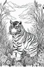 Placeholder: Outline art, tiger in the garden, cartoon style, black and white, low detail, no shading, --ar 9:11