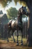 Placeholder: zombie hest spiser et tre foran et kastanjegjerde in the style of giger and fallout 4 ,,bokeh like f/0.8, tilt-shift lens 8k, high detail, smooth render, down-light, unreal engine