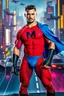 Placeholder: An extremely muscular, athletic man with a short, black hair, blue eyes, goatee, wearing a bright red, textured formfitting bodysuit, wearing blue trunks on the outside of the bodysuit, a black leather, knee-high black leather boots, black wrist gauntlets, blue cape, with a black Capital letter "M" on the chest, posing against a futuristic cityscape, Neon-lit, Extremely colorful, Flying cars