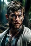 Placeholder: Portait young chris hemsworth as fantasy alpha werewolf in human form very muscular short cropped dark hair and stubble on chin, tribal tattoos wearing white button up shirt with rolled up sleeves realistic face, close-up, dark fantasy, fantasy forest, intricate details, hyper detailed, photograph