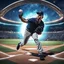 Placeholder: View of baseball pitcher throwing a pitch from the perspective of home plate, futuristic major league baseball field night game bright astral cosmic background, dramatic kinetic pose, intricate detail, photorealism, by Charles M. Conlon, canon HD 4D lens, cinematic perfection.