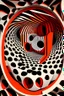 Placeholder: Voice bouncing around in a circular house of mirrors; Optical Art; M.C. Escher, black, white, and orange-red