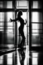 Placeholder: behind a glass door is a dark silhouette of a dancing woman, high quality, highly detailed, stunning, high realistic picture, impressive, sharp focus, perfect body, perfect shot, professional photo, noir