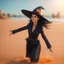 Placeholder: corey feldman as a flying bromstick female witch on a orange sand beach ,bokeh like f/0.8, tilt-shift lens 8k, high detail, smooth render, down-light, unreal engine