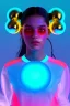 Placeholder: Rosalía artist, Realistic image, waist up portrait, perfect eyes, glow eye, black eye line, sweet face, pigtails hair, spray line make up, geometric, gold, big rings piercing, led ornament, bubble latex coat, inflatable, cold, led lights, geometric, neon, pink, blue, gold, vibrant color, highly detailed, art stations, concept art, smooth, unreal engine 5, god lights, ray tracing, RTX, lumen lighting, ultra detail, volumetric lighting, 3d, finely drawn, high definition, high resolution