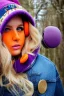 Placeholder: blonde taking selfie.thick thighs,thick calves,flat belly,curvy fell. big head. Mantle is sewed of upcycled Denim and sewed together of camouflage pieces. Pieces' color are orange, cream and purple. It is with big bright purple felt tippet and birght-colored-hood is merged with colorful beanie. Big colored headphones (gold rings!) is merged with small felt cap with small visor. Style: Haute Couture in 1950's Brazil, N.Y.C fashion in 2023