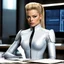 Placeholder: Seven of Nine (born Annika Hansen), sits perched on a desk, her presence commanding attention. Her crisp, revealing white top contrasts sharply with the seriousness etched on her face. As she leans forward, her eyes glint with a steely determination, a hint of vulnerability hidden beneath the facade of strength. Her desk is full of papers and spreadsheets