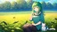 Placeholder: Girl, green hair, cat paws in hand, farm, sit