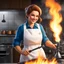 Placeholder: she is the cook, she smiles while burning her cream with a blowtorch, in her apron, she is dangerous