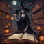 Placeholder: An endless library of Halloween books that float to readers on command, supervised by a witch