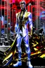 Placeholder: Striking hyper-realistic anime illustration of a powerful male protagonist, dressed in a white, red, black and gold outfit. Featuring obsidian patterns with gold details and the edges emit fascinating energy. Muscular physique accentuated with sleek lines and details. Futuristic cityscape background. Masterpiece of art that combines anime and science fiction aesthetics. Poster-worthy cinematic illustration. Full body