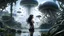 Placeholder: Detailed matte painting of a wide-angle shot of a woman, standing on the left side of the shot, with dark hair in a silver robotic catsuit, many large floating jellyfish with octopus tentacles, alien jungle trees in the distance, with an alien beach and lake