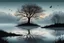 Placeholder: Illustration of a lonely dark tree with barren branches stands on a water's edge, reflected in the water, fog, crows on the sky, mystical landscape, sinister mood, line art