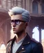 Placeholder: Young attractive male, blonde hair, slight beard, clear glasses, cinematic, depth of field, blue eyes, leather jacket